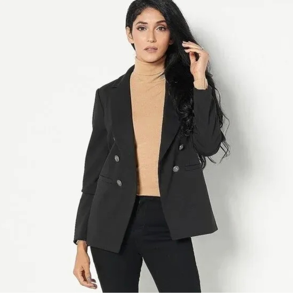 🆕NEW Susan Graver Black Ponte Silver Antique Button Double-Breasted Blazer 12